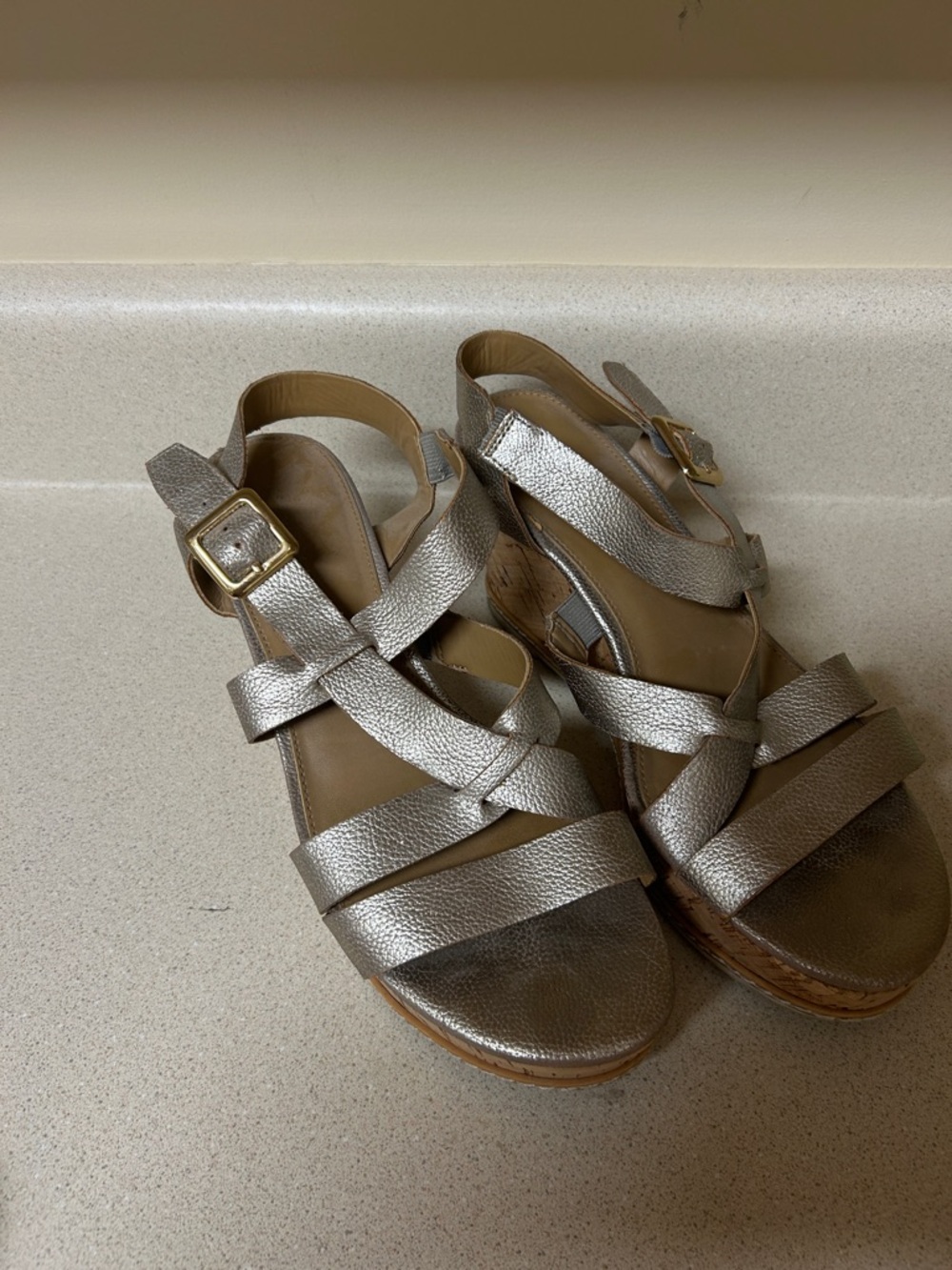Franco Sarto Silver Metallic Strappy Wedge Sandals
